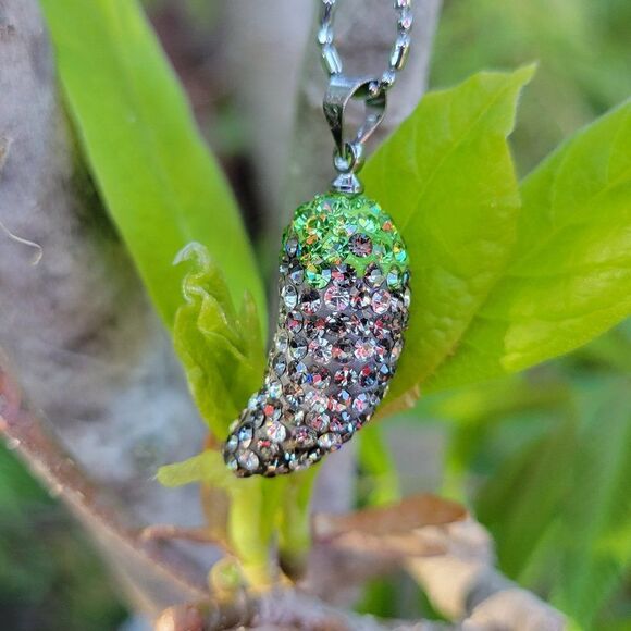 Grey Chili Crystal Pendant Necklace, Grey and Green Small Chili Pendant Necklace - Picture 3 of 6